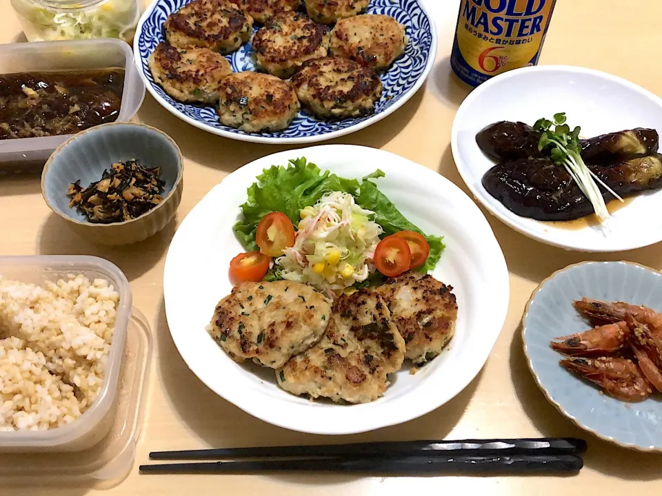 9／1 夕食  #晩ご飯   豆腐ハンバーグ 茄子煮浸し コールスロー 小エビのごま絡め  ひじきの和え物|おさんどんさん