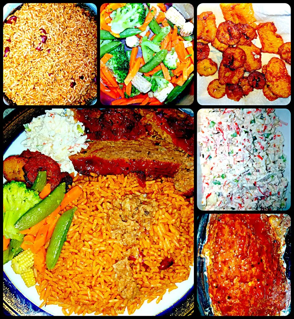 Meatloaf with Mushrooms Red Beans n Rice Fried Sweet Plantains Steamed Vegetables and Crab Salad.|Juan Simmsさん