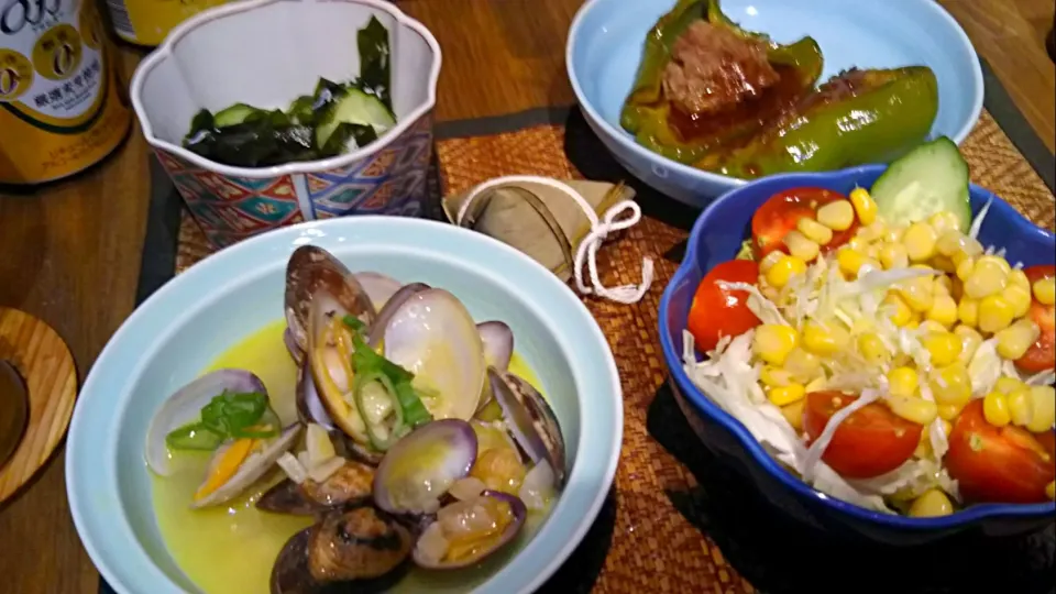 酢の物＆野菜サラダ＆ピーマンの肉詰め＆アサリの酒蒸し|まぐろさん