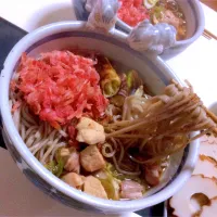 Snapdishの料理写真:桜エビだけで作ったかき揚げと焼いた鳥とネギの温かいお蕎麦。