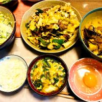 口鍋肉生卵添え 揚げなすおろしポン酢和え ホタテきゅうり大根の辛子マヨネーズ和え  フカヒレスープ ご飯