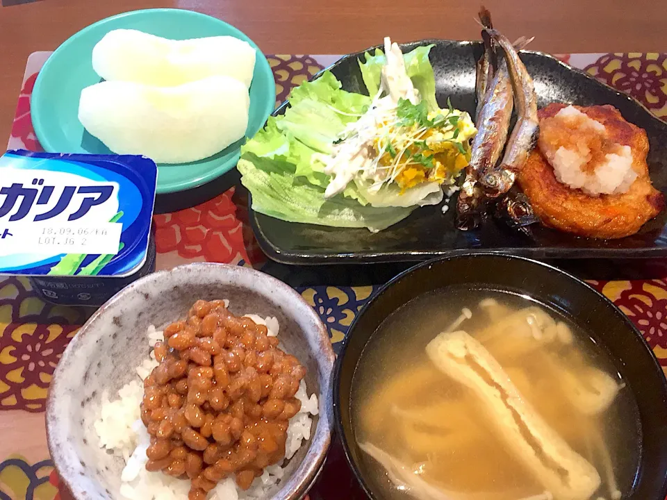 Snapdishの料理写真:朝ごはん
はんぺんおろし添え、焼きししゃも、レタス、ごぼうサラダ、かぼちゃサラダ、ブロッコリースプラウト、白米、えのきと揚げの味噌汁、幸水梨、アロエヨーグルト|かよちゃんさん