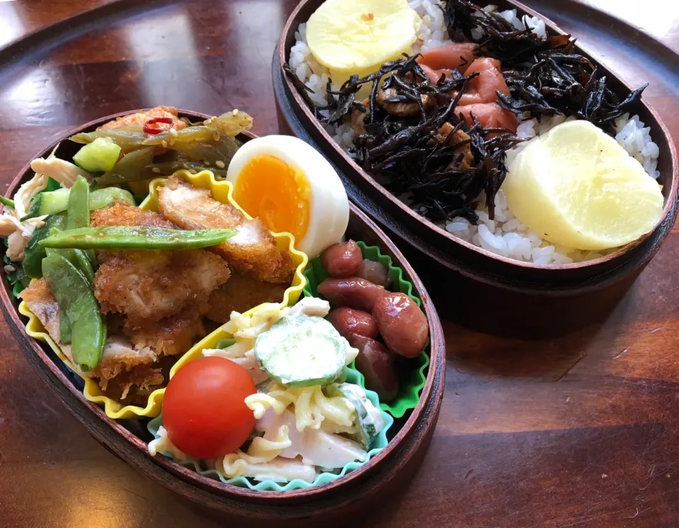 Snapdishの料理写真:本日もお弁当🍱ヒレカツ弁  #息子弁当  #わっぱ弁当  #ヒレカツ  #マカロニサラダ  #ふきの煮物  #蒸し鶏サラダ  #プチトマト🍅  #ゆで卵  #札幌  #中島公園|Yukie  Toriseさん