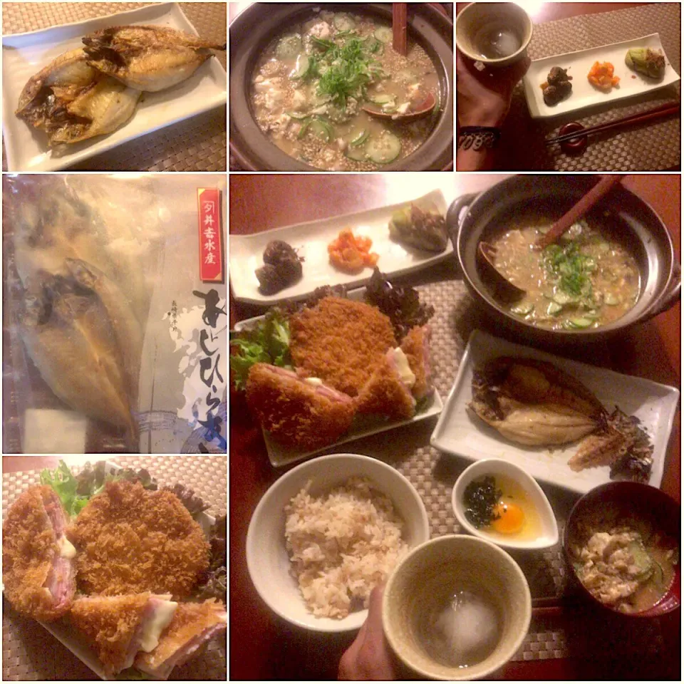 Today's Dinner🍴前菜･頭骨まで食べられる鯵の干物<長崎産>de焼き&冷汁･お肉屋さんの揚げたてﾊﾑﾁｰｽﾞﾌﾗｲ･もち麦ご飯･生卵&紫蘇わかめ|🌈Ami🍻さん