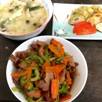 中華スープ・ゴーヤのサバつみれ挟み揚げ/ササミチーズ揚げ・チャーシューとゴーヤの炒め物|まささん