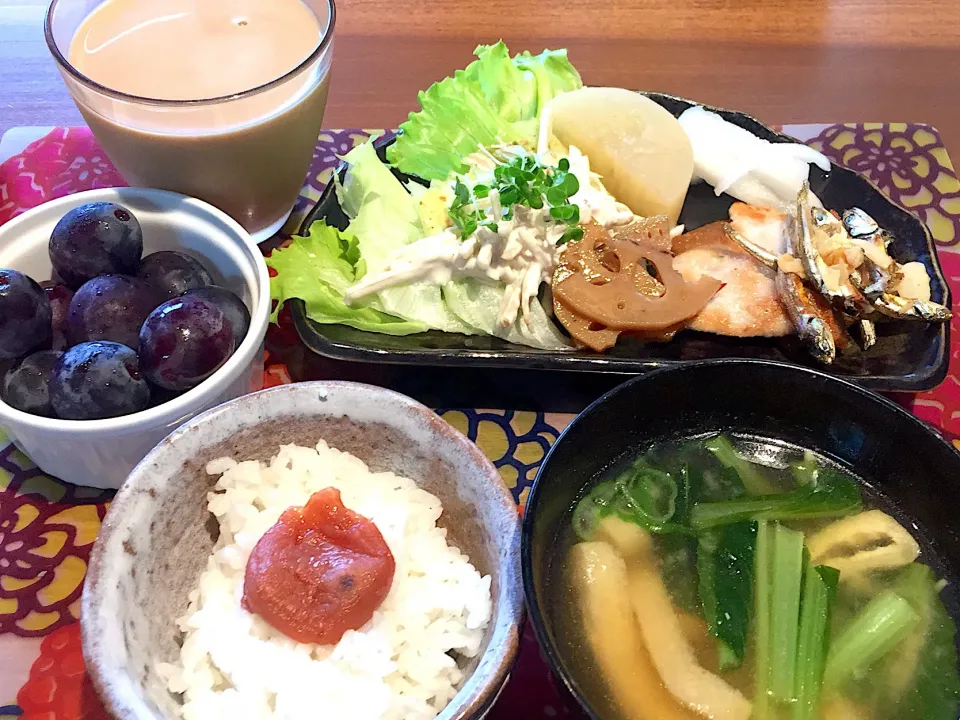 朝ごはん
豚肉塩焼き、田作り、大根出汁煮、柚子大根、レタス、ごぼうサラダ、ブロッコリースプラウト、レンコンきんぴら、白米、梅干し、小松菜とえのきと揚げの味噌汁、ピオーネ、カフェオーレ|かよちゃんさん