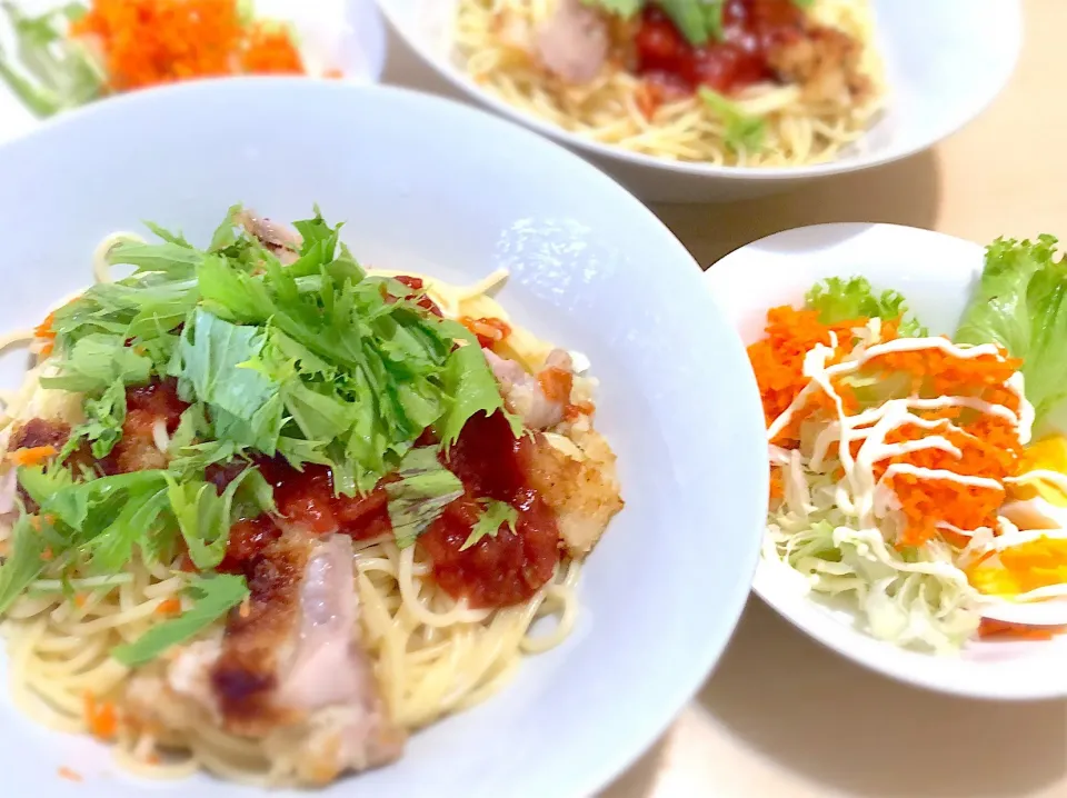 9／6昼食   #お昼ご飯  チキンパスタ サラダ|おさんどんさん