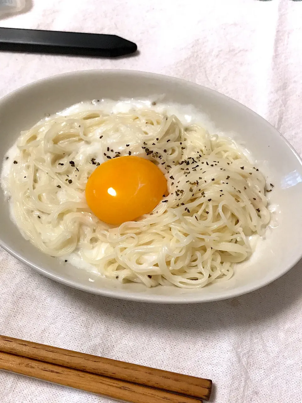 そうめんカルボナーラもどき|よもぎさん