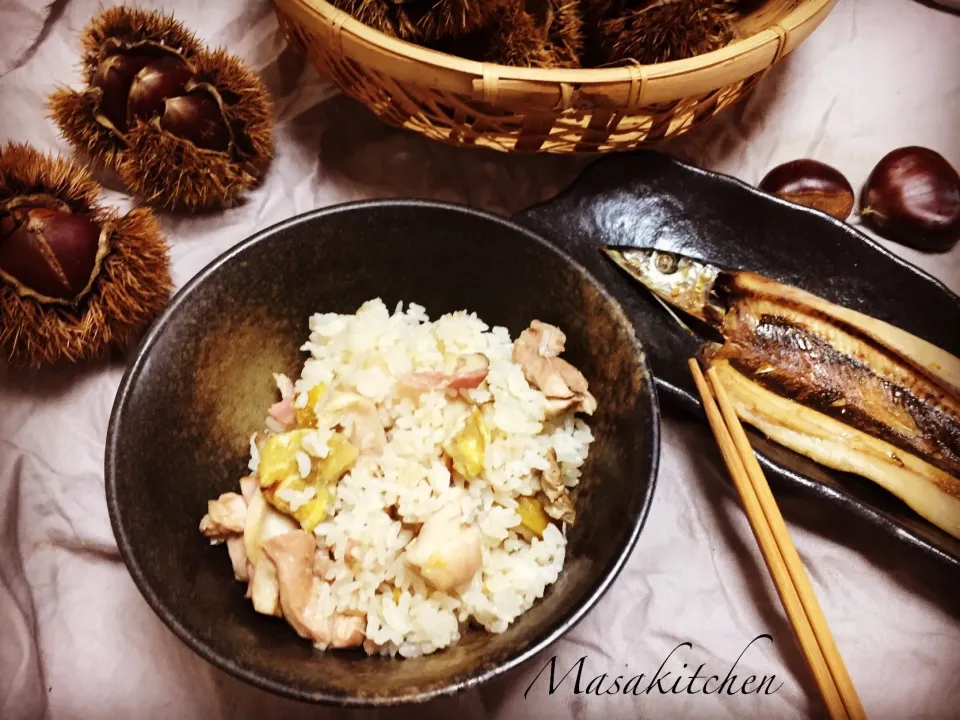 Mix chestnuts rice with saury for dinner.|Masakiさん