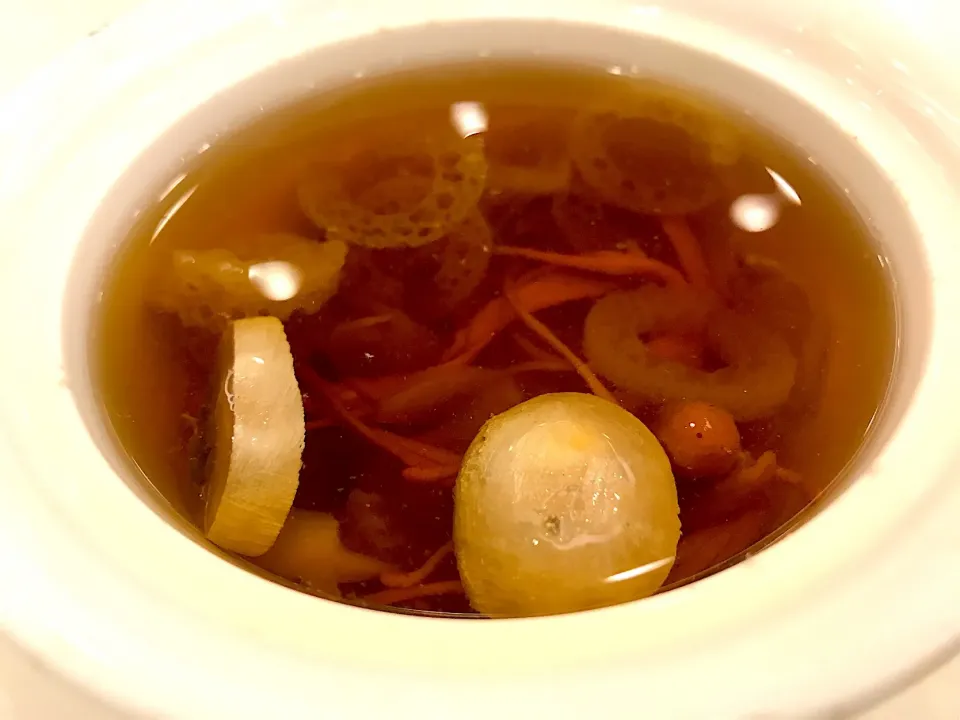 Snapdishの料理写真:Double boiled supreme soup with golden cordycepts miltaris, bamboo pith and lily bulb|Sky Blueさん