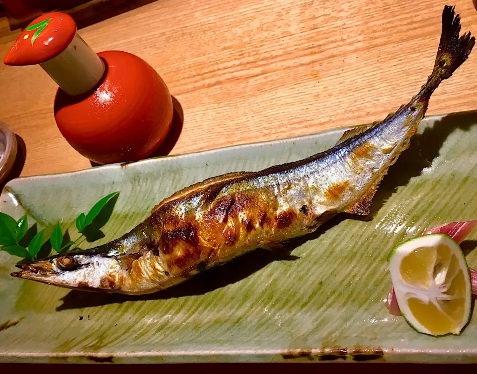 泳ぎ 新秋刀魚                                            北海道 根室産                                          塩振り 焼き目 隠し包丁                            職人の技|酒肴菜 kun                          自 2018.5.1さん