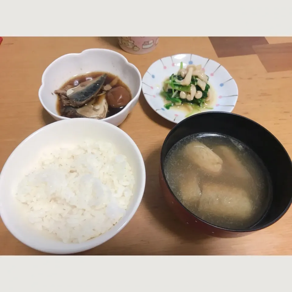 鯖の梅干し煮 ほうれん草ときのこのおひたし ごぼうの澄まし汁|あおまるさん