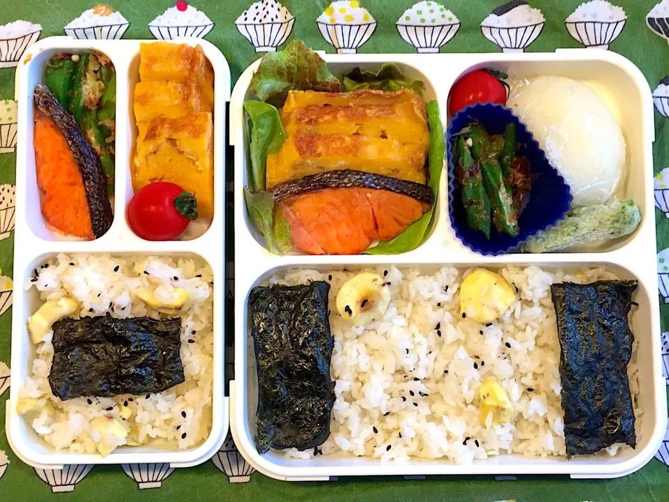 栗ご飯シャケ弁 #弁当記録  #兄妹弁当|アチコさん