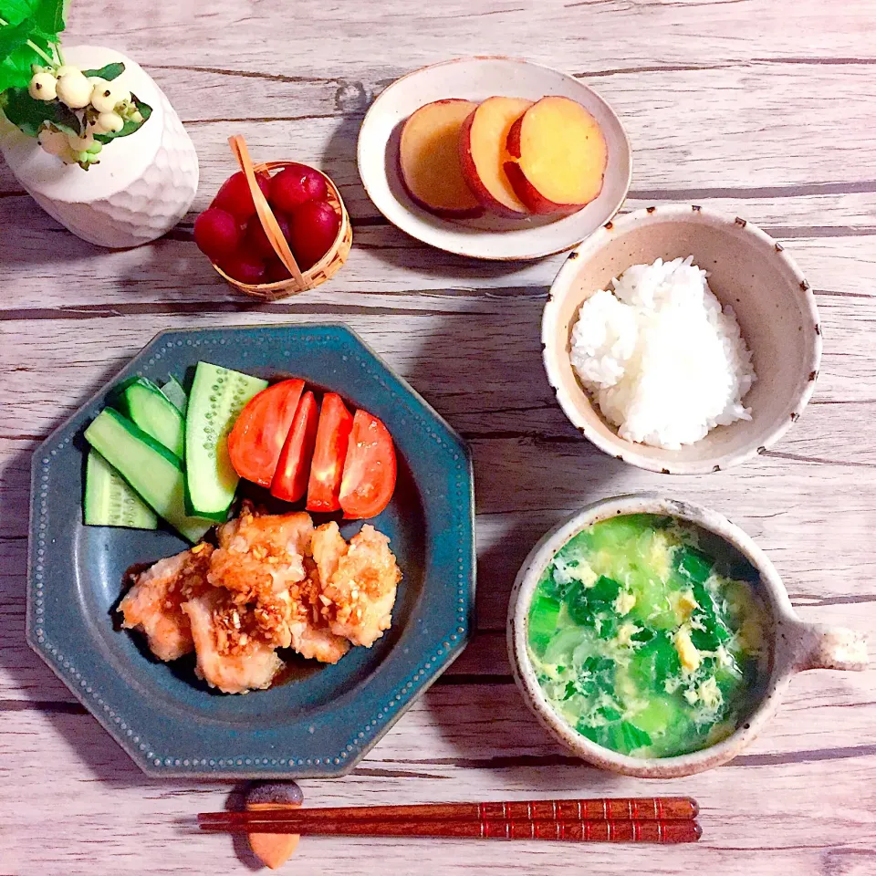 ✾油淋鶏
✾さつまいもの甘辛煮
✾チンゲン菜と卵のスープ|はらしおりさん