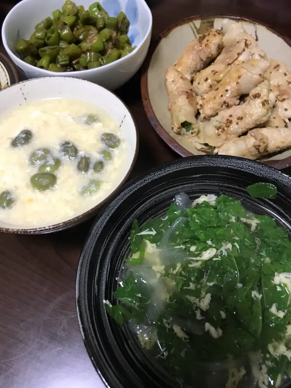 9月10日晩ご飯。ゴーヤの肉巻き、満願寺とうがらし炒め、枝豆とたまごのあんかけ豆腐、モロヘイヤスープ。|あやさん