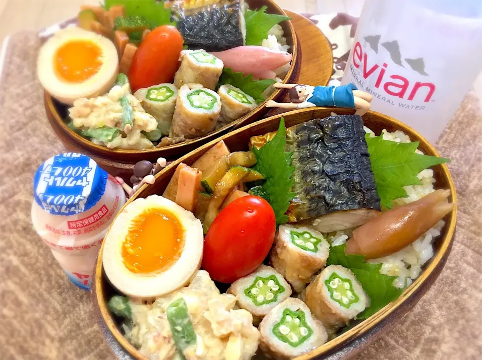 Snapdishの料理写真:発芽玄米ご飯🍚&焼き塩サバ&肉巻きオクラ&味玉&白ゴーヤとインゲンのツナサラダ&ズッキーニとギョニソの甘辛炒め&大葉&プチトマト🍅&甘酢みょうがの夫婦お弁当♪

 #弁当  #フチ子  #白ゴーヤとツナのサラダ|桃実さん