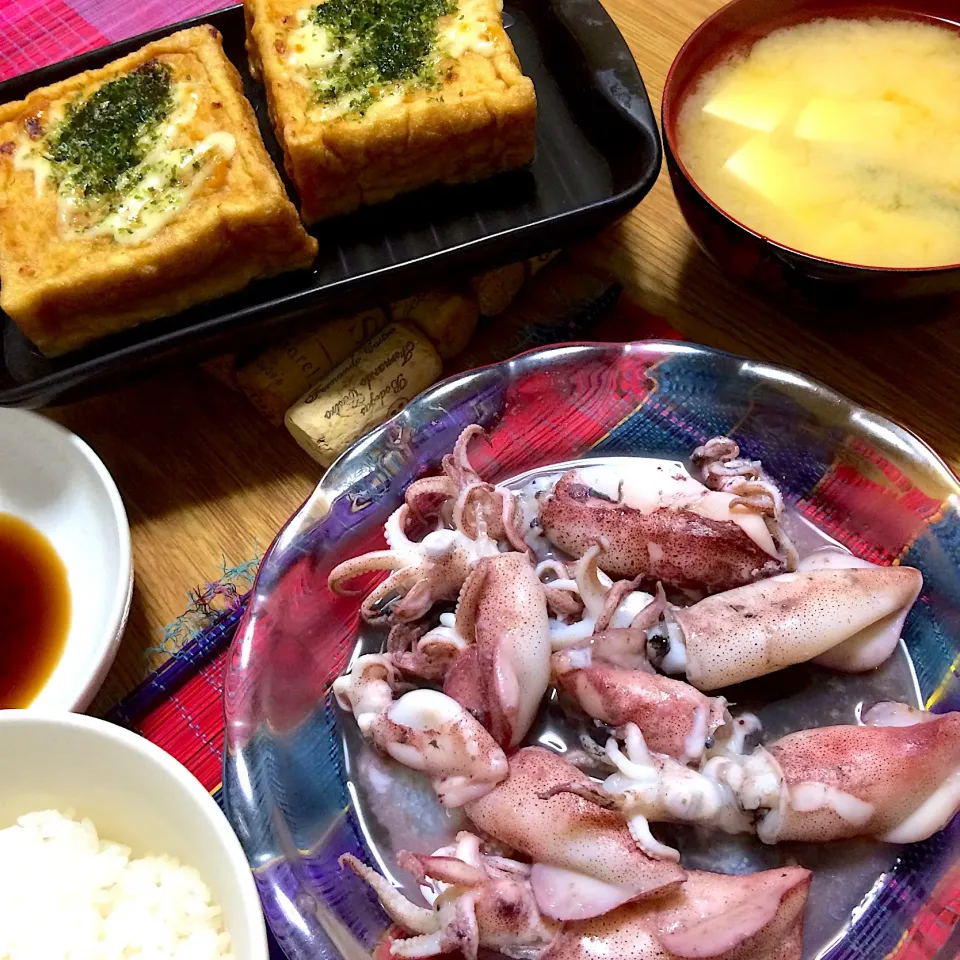 Snapdishの料理写真:2018/9/10 若いか さっと炒め、厚揚げの味噌マヨ焼|kykyさん