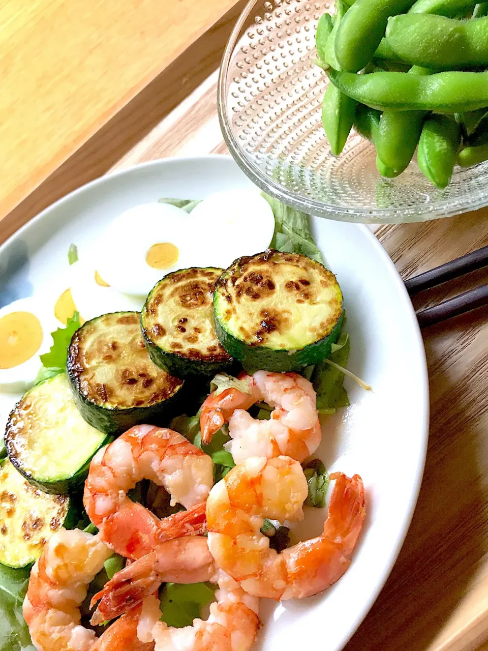 Snapdishの料理写真:ライザップディナー🍽
ゆで卵、ズッキーニ、海老のサラダ🥗
枝豆|5ネコママさん