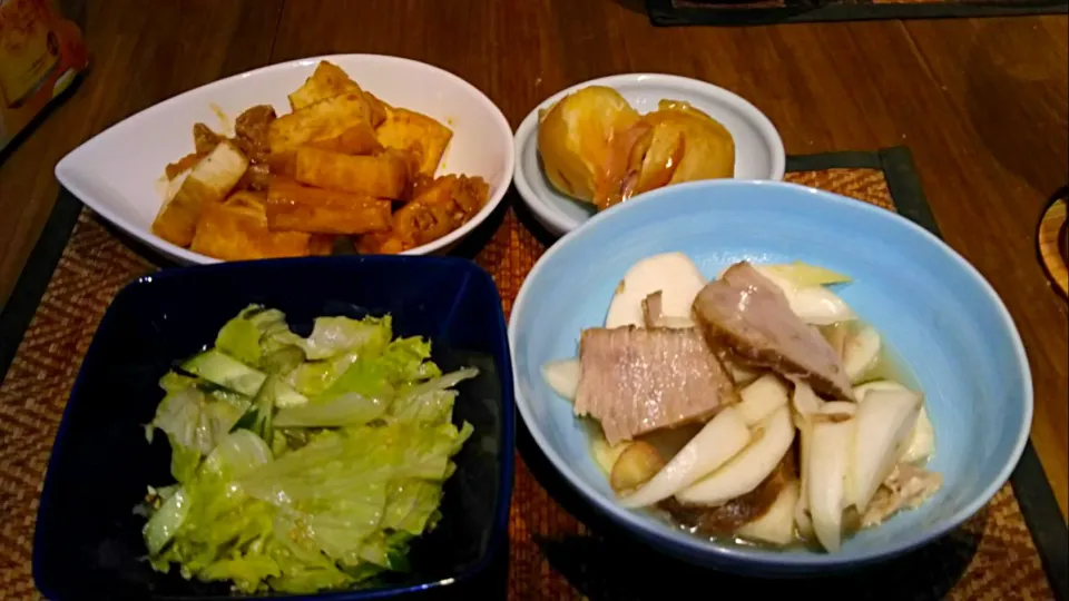 蕪とチャーシューのマリネ＆チョレギサラダ＆厚揚げと豚肉の味噌炒め＆ジャガイモの塩辛|まぐろさん