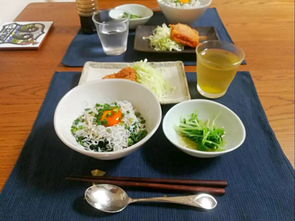 今日の夕飯 #しらす丼 #卵黄の醤油漬け|こあささん