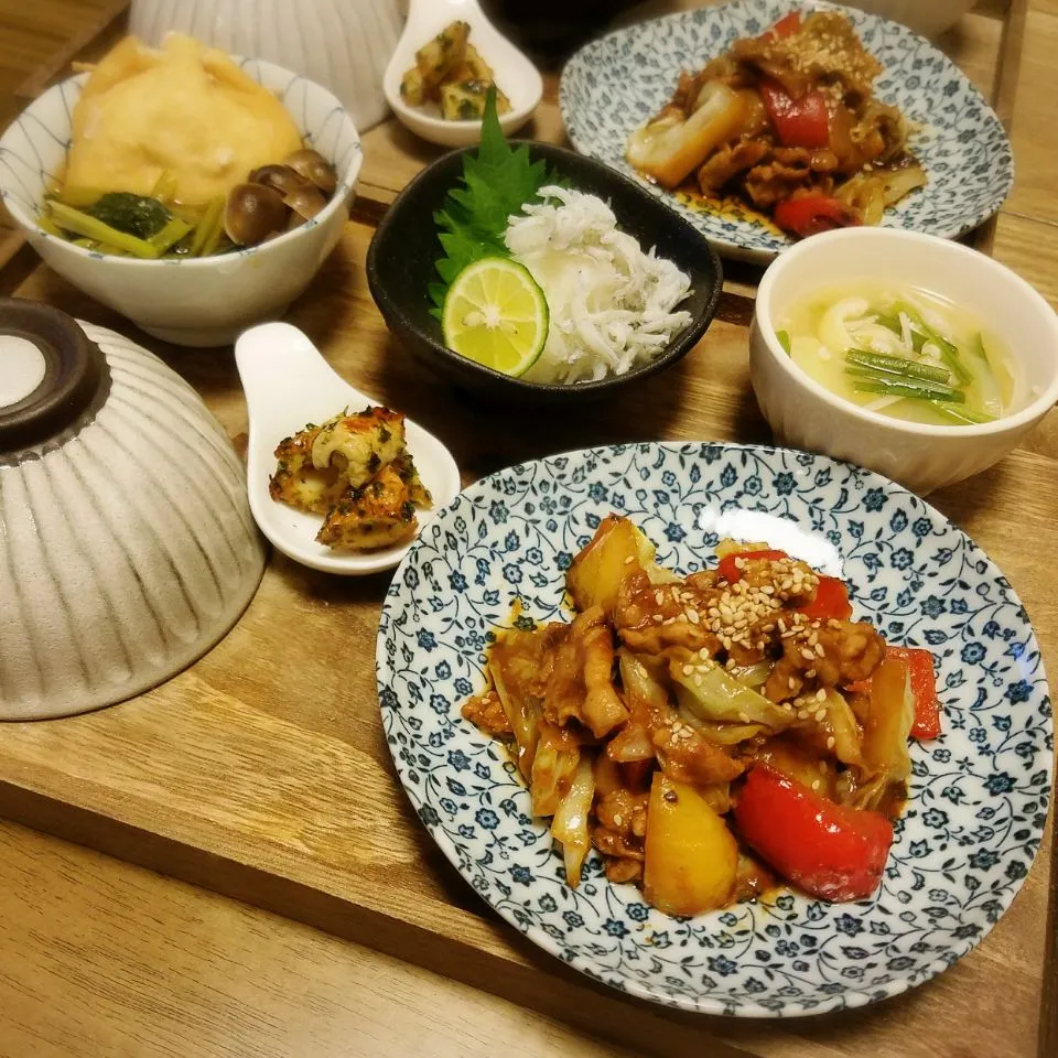 Snapdishの料理写真:#回鍋肉#玉子巾着#大根しらすのおろしポン酢#ちくわの青さ炒め#ジャガイモとニラのお味噌汁|Naoさん