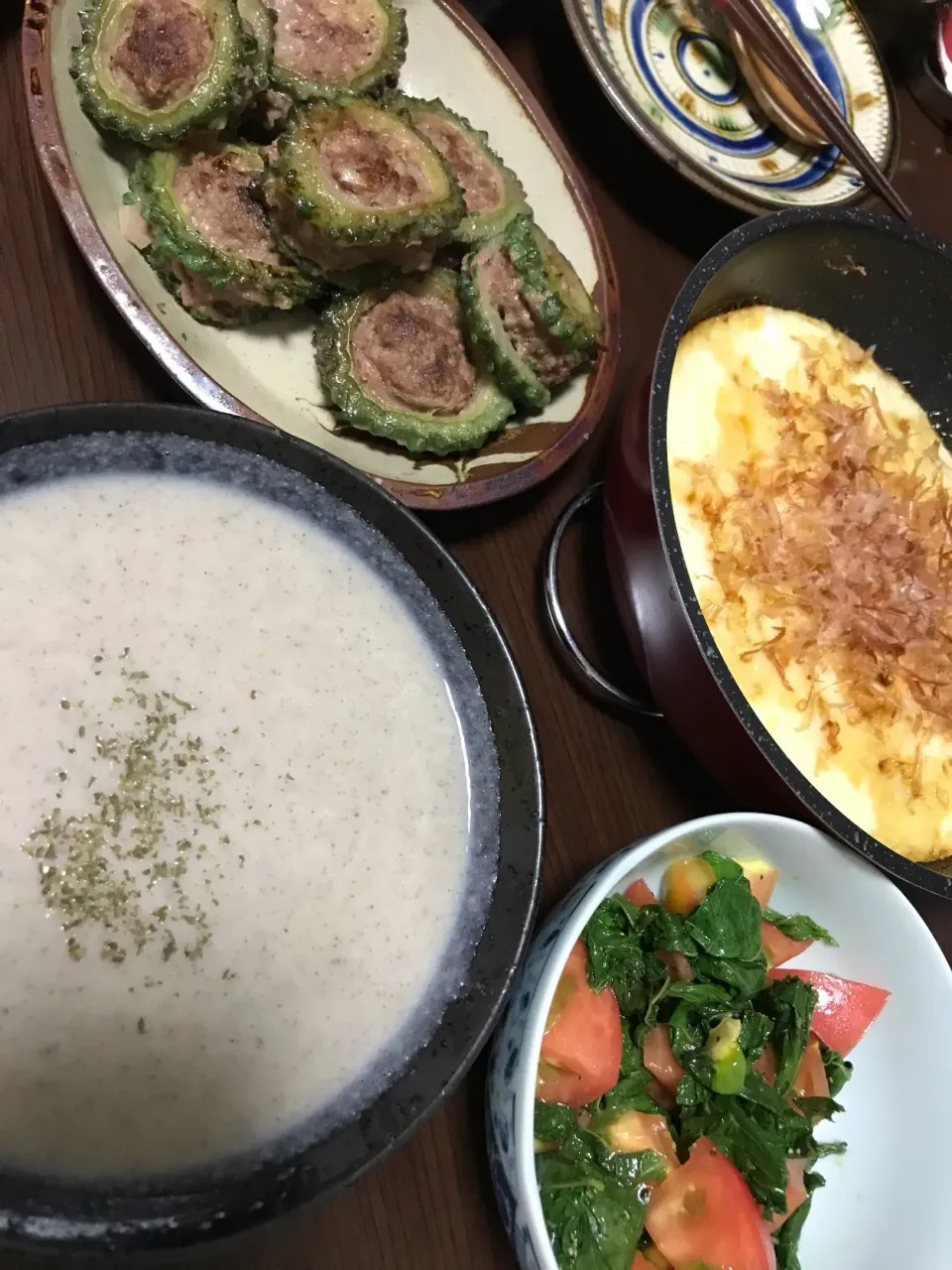 Snapdishの料理写真:9月12日晩ご飯。ゴーヤのはさみ焼き、山芋焼き、モロヘイヤサラダ、マッシュルームのポタージュ。|あやさん