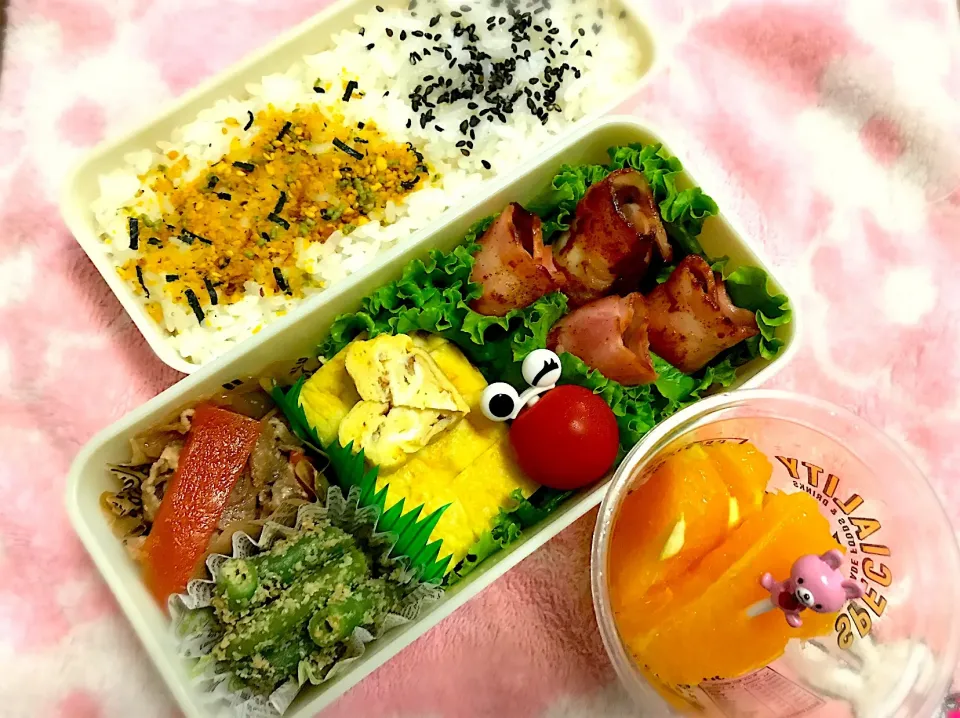 【体育大会前の】弁当〜うずらベーコン・玉子焼き・豚肉と野菜のすき焼き風・いんげん胡麻和え・オレンジ〜
 #お弁当|華恋さん