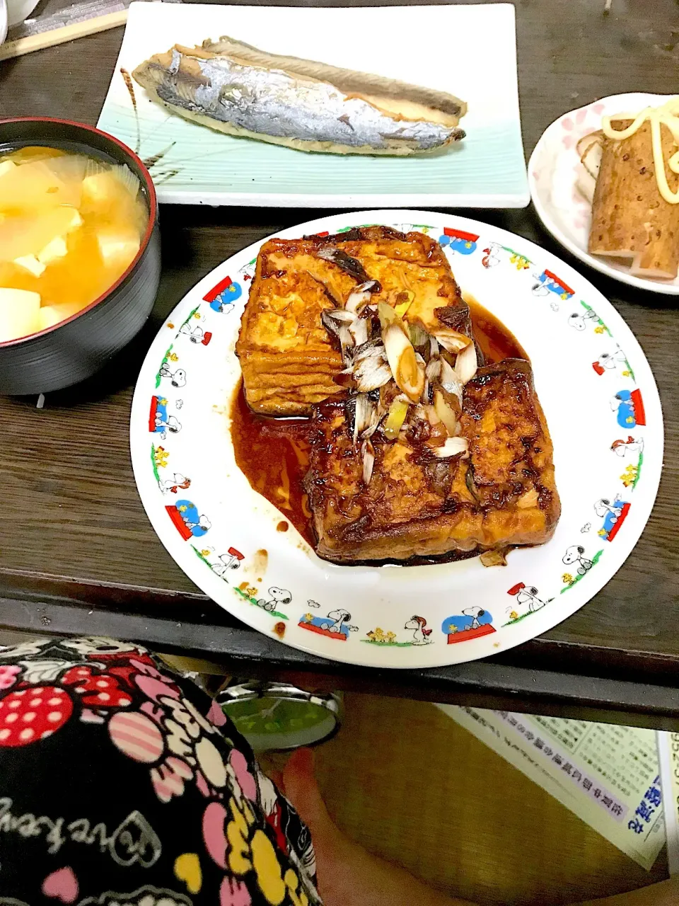 味噌汁・豆腐ステーキ・カマスの塩焼き・山芋の竜田揚げ|まささん