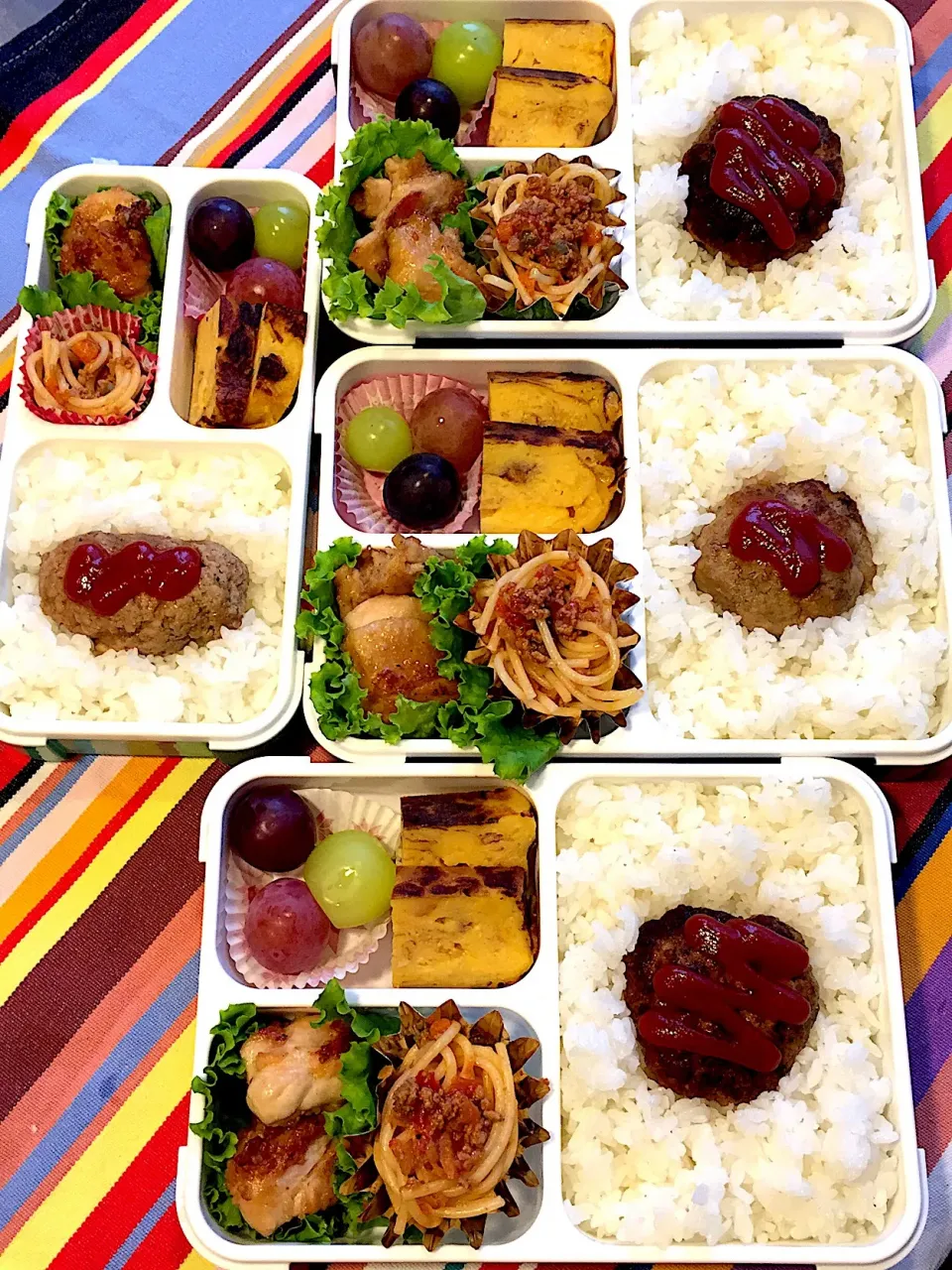 ハンバーグ弁当 #弁当記録  #兄妹弁当 #さらに甥っ子姪っ子用も#4人分#弁当屋になった気分|アチコさん