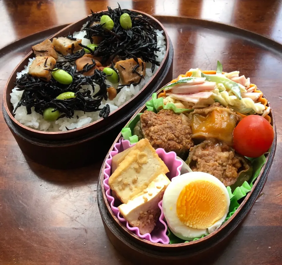 本日のお弁当🍱ピーマン肉詰め🥦🍏マカロニのサラダ🥗厚揚げ煮付け🍱ひじきの煮物 #息子弁当  #わっぱ弁当  #マカロニサラダ  #ピーマンの肉詰め  #ひじきの煮物  #札幌  #中島公園|Yukie  Toriseさん