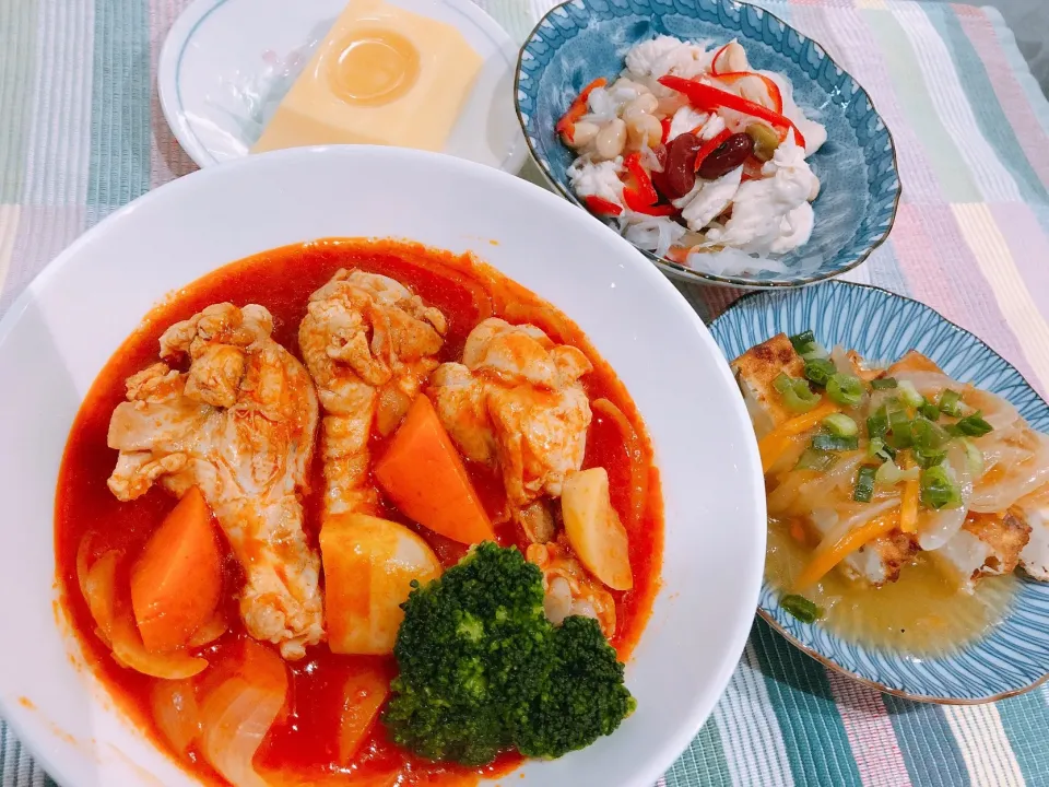 🍀鶏手羽元のトマト煮込み🍅
🍀五目厚揚げ のあんかけ生姜風味
🍀野菜と豆 マリネ
🍀おまけの 卵豆腐|🍀ミィーナ🍀さん