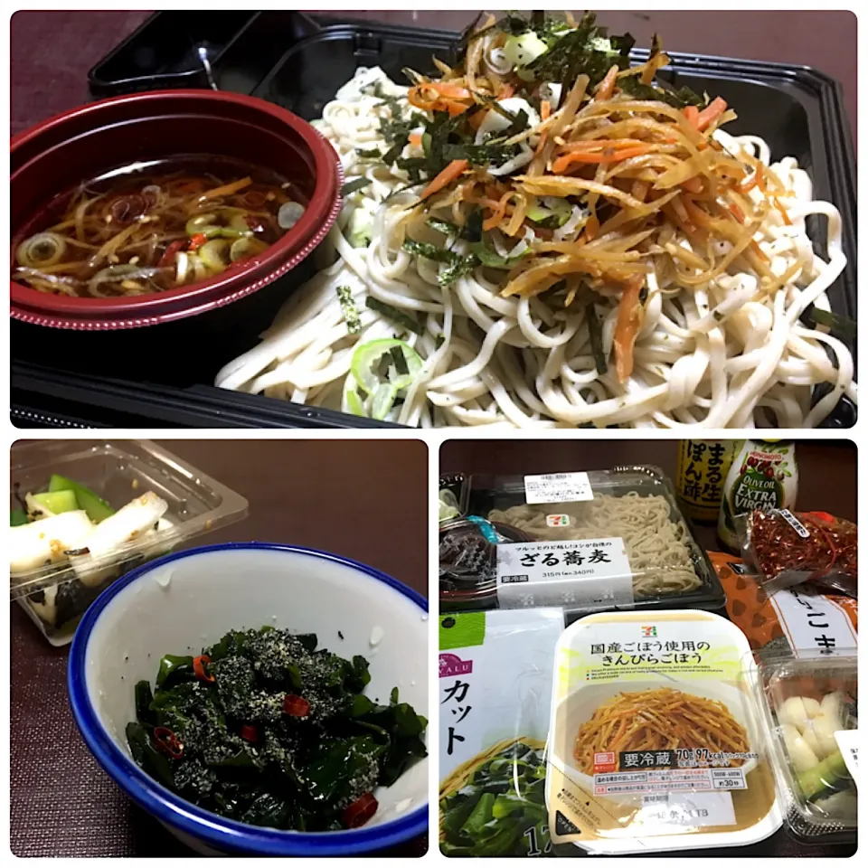 宿ぐらしの晩ごはん⭐️⭐️🔆
きんぴら蕎麦  ワカメのぽん酢オリーブ油和え
塩昆布で食べる！かぶ胡瓜|ぽんたさん