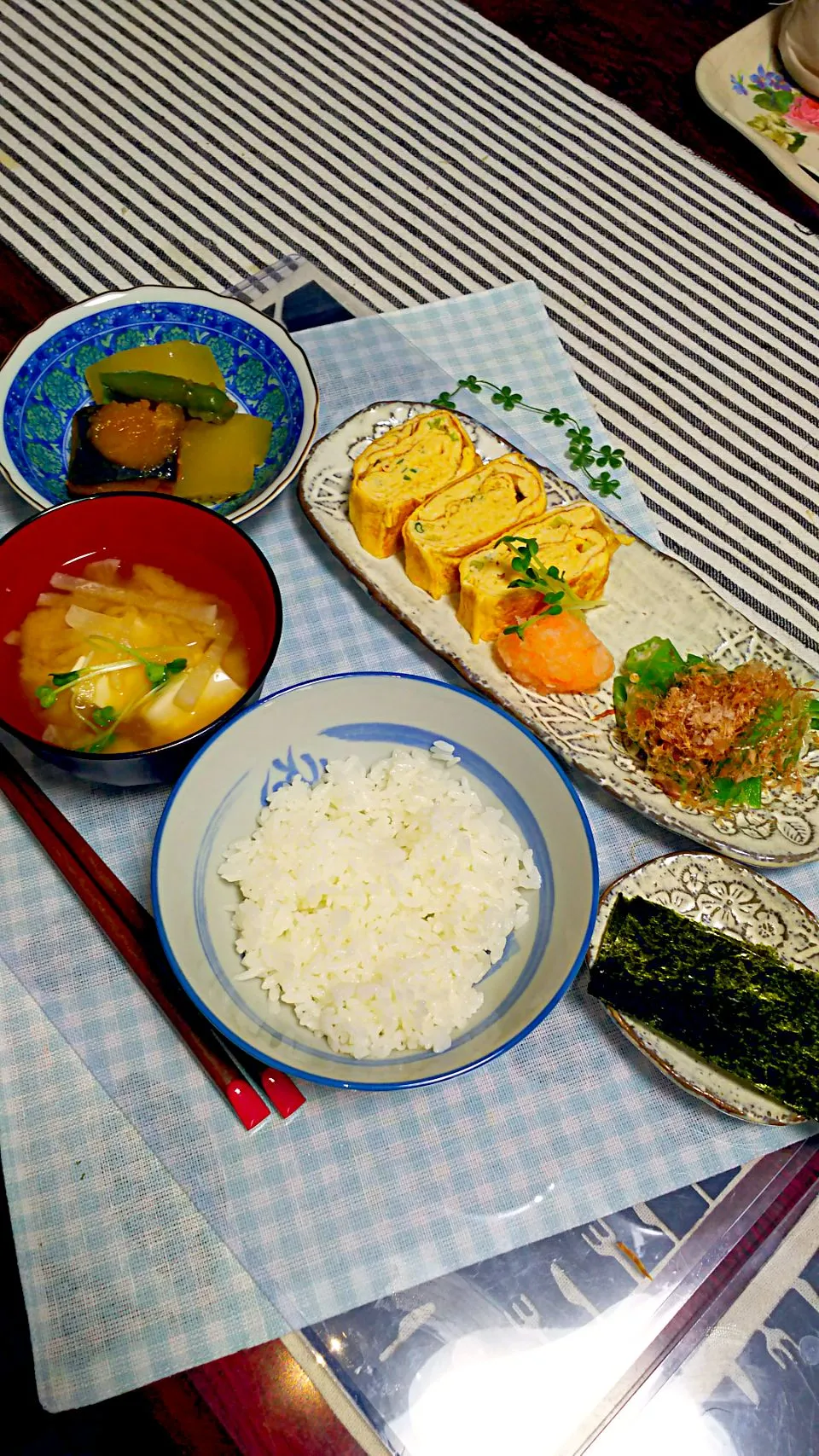 昼食です、
*豆腐入りたまご(もみじおろし)
*おくらのおかか掛け
*昨夜のかぼちゃと冬瓜の餡掛け煮物
*味噌汁(豆腐、大根)
です|福島由美子さん