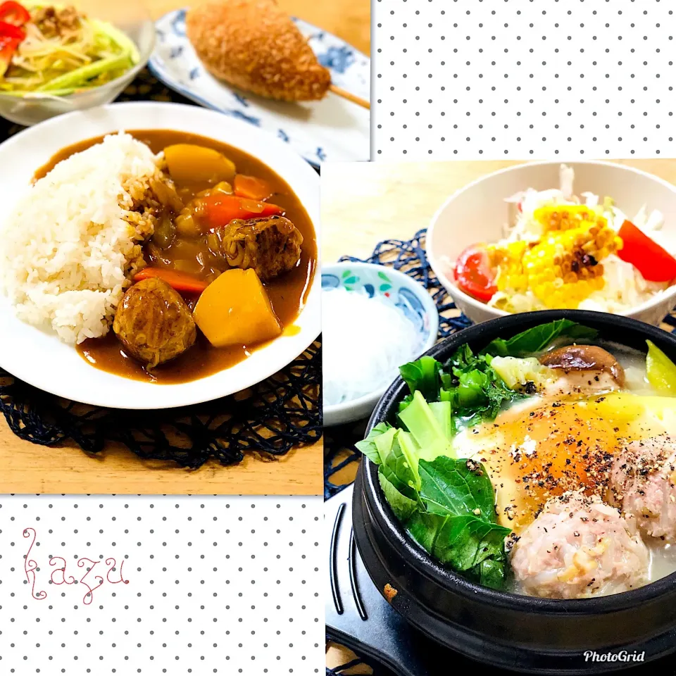 もやし肉団子で白い純豆腐チゲ🥘とカレーライス🍛|かずきっちんさん