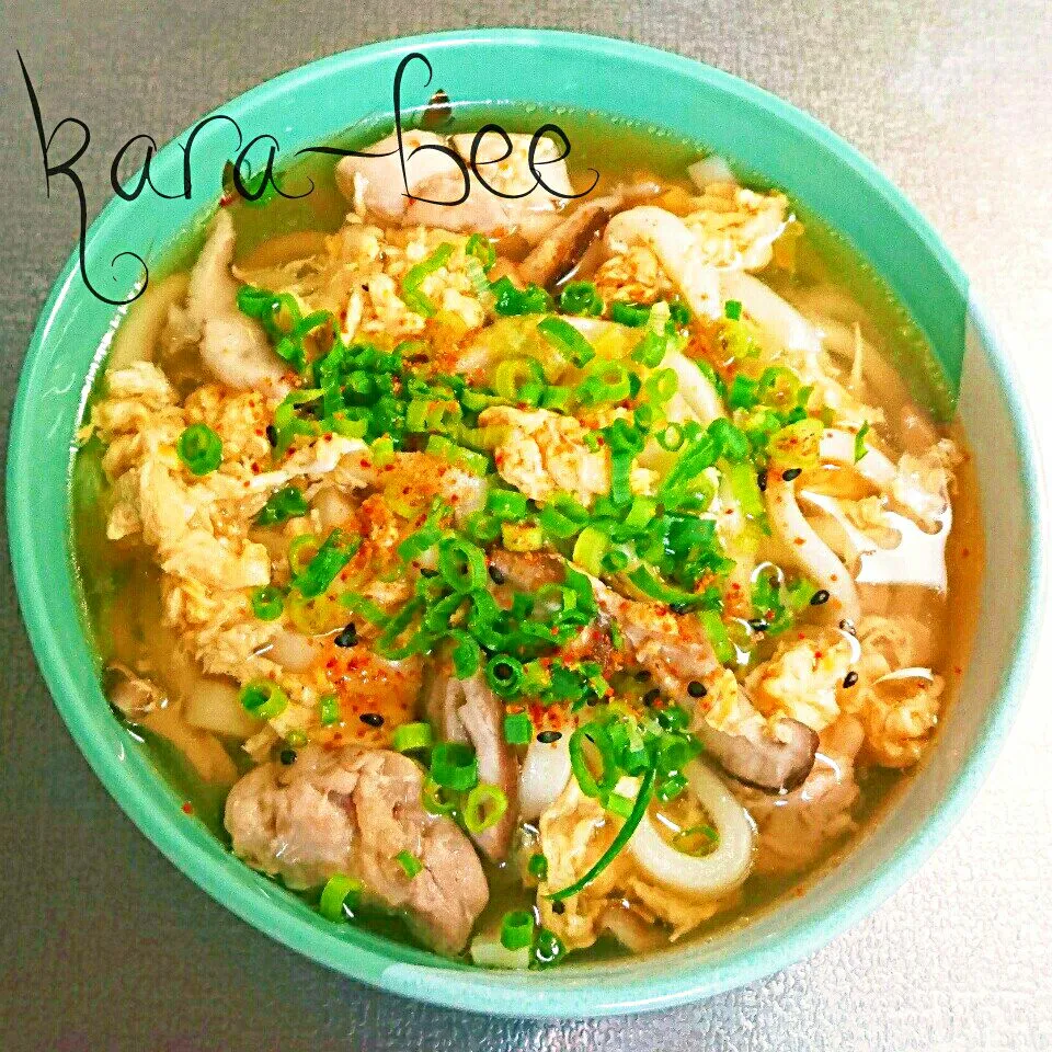 ほっこり優しい味♡具沢山鶏玉親子うどん|からあげビールさん