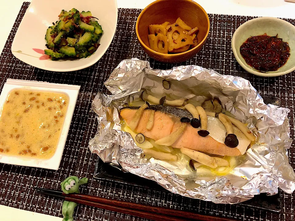 Snapdishの料理写真:#鱒のホイル焼き
#ゴーヤと塩昆布の梅肉和え
 #納豆 
 #れんこんのきんぴら 
#明太昆布|ゆぺこさん