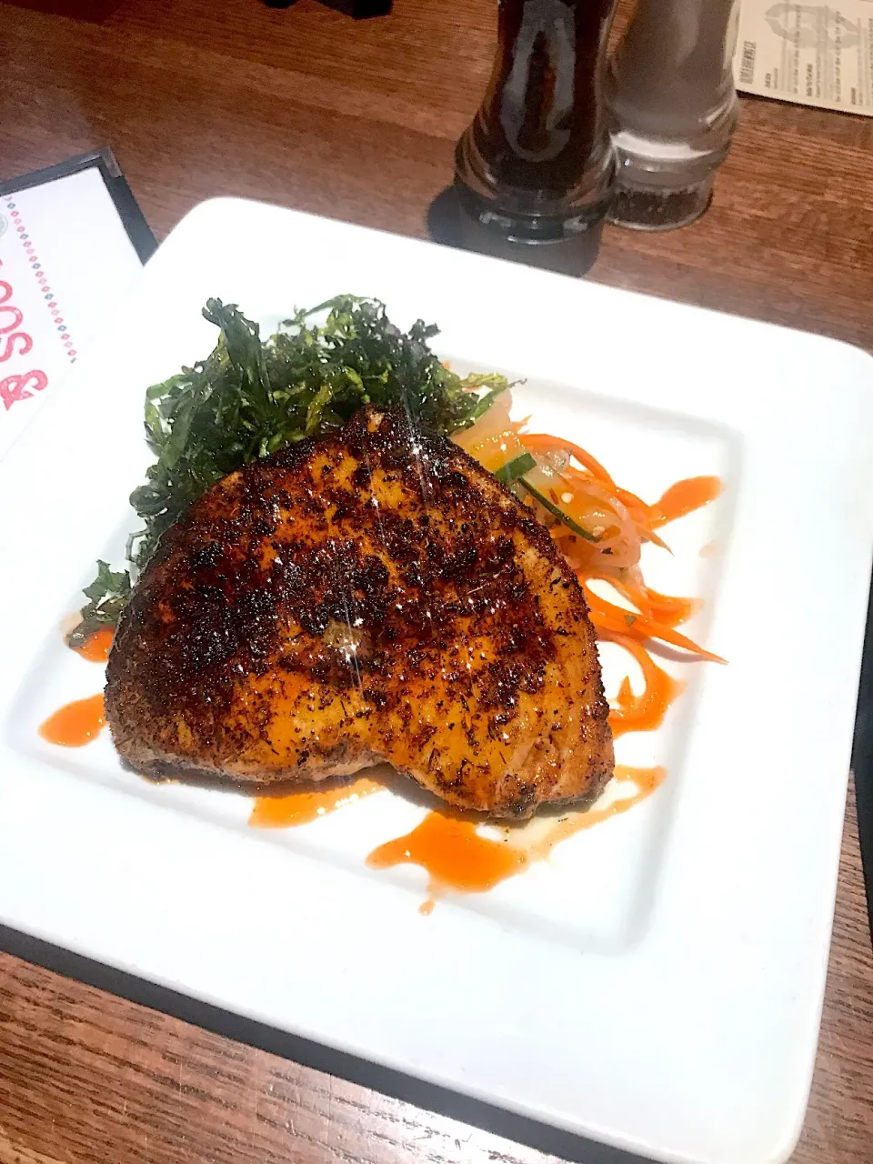 Blackened Swordfish with fried kale, pickled vegetables, and drizzled with honey sirachi glaze|ChefOpalskiさん