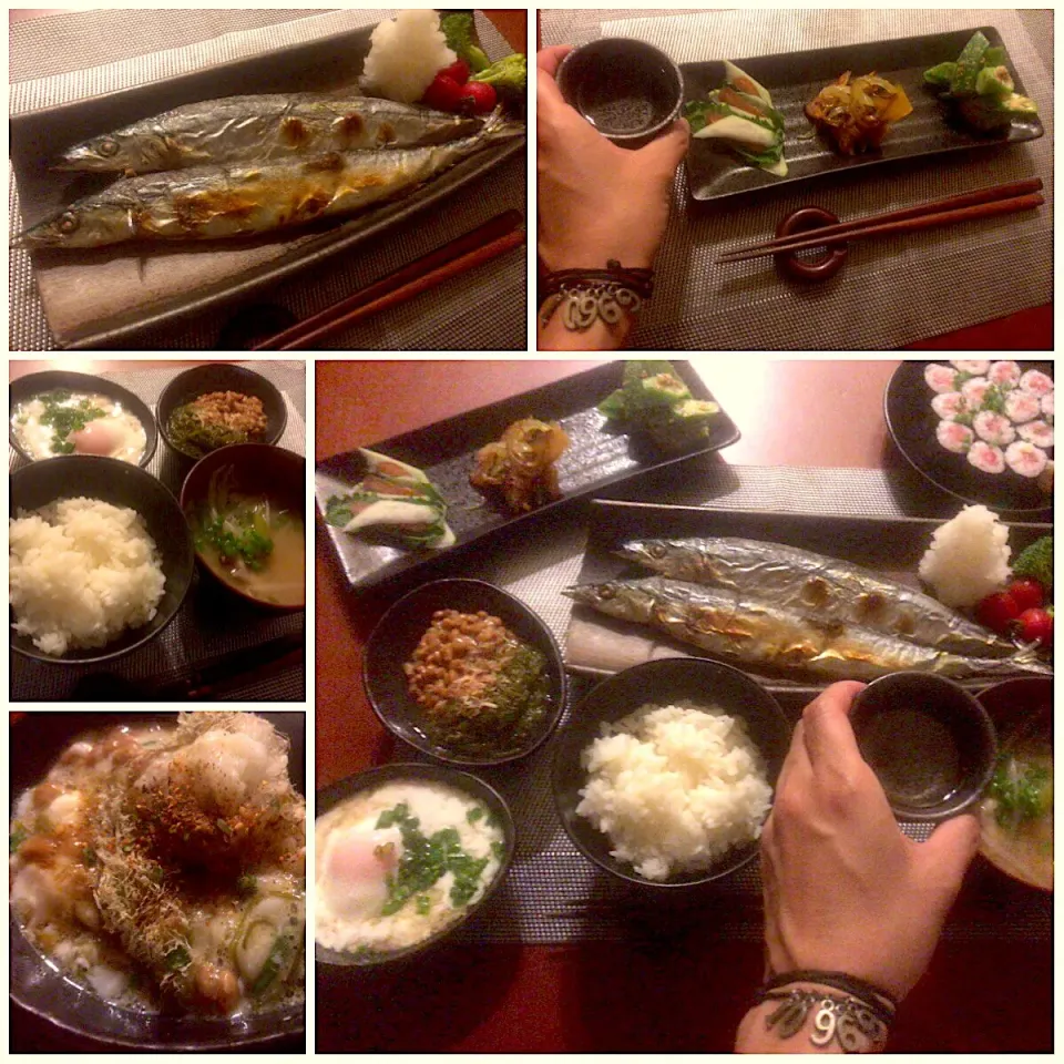 Snapdishの料理写真:Today's Dinner🍴前菜･ﾈｷﾞﾄﾛ巻･秋刀魚の塩焼き･もやしと椎茸のお味噌汁･めかぶ納豆&大和芋温玉･白米|🌈Ami🍻さん