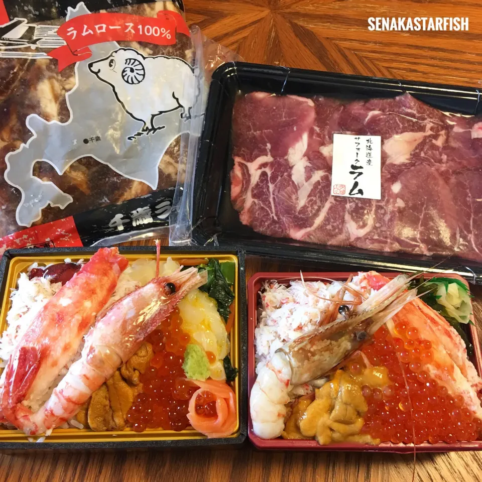 Snapdishの料理写真:小田急の北海道物産展 海鮮丼にサフォーク ジンギスカン|愛さん