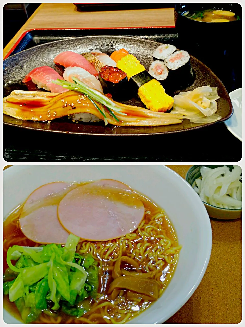 Snapdishの料理写真:2018/9/20(木）
　お昼はまたまたお寿司～🍣
　おやつのあんみつ食べちゃった💦
　夕飯はマルちゃん正麺醤油味🍜|たえさん