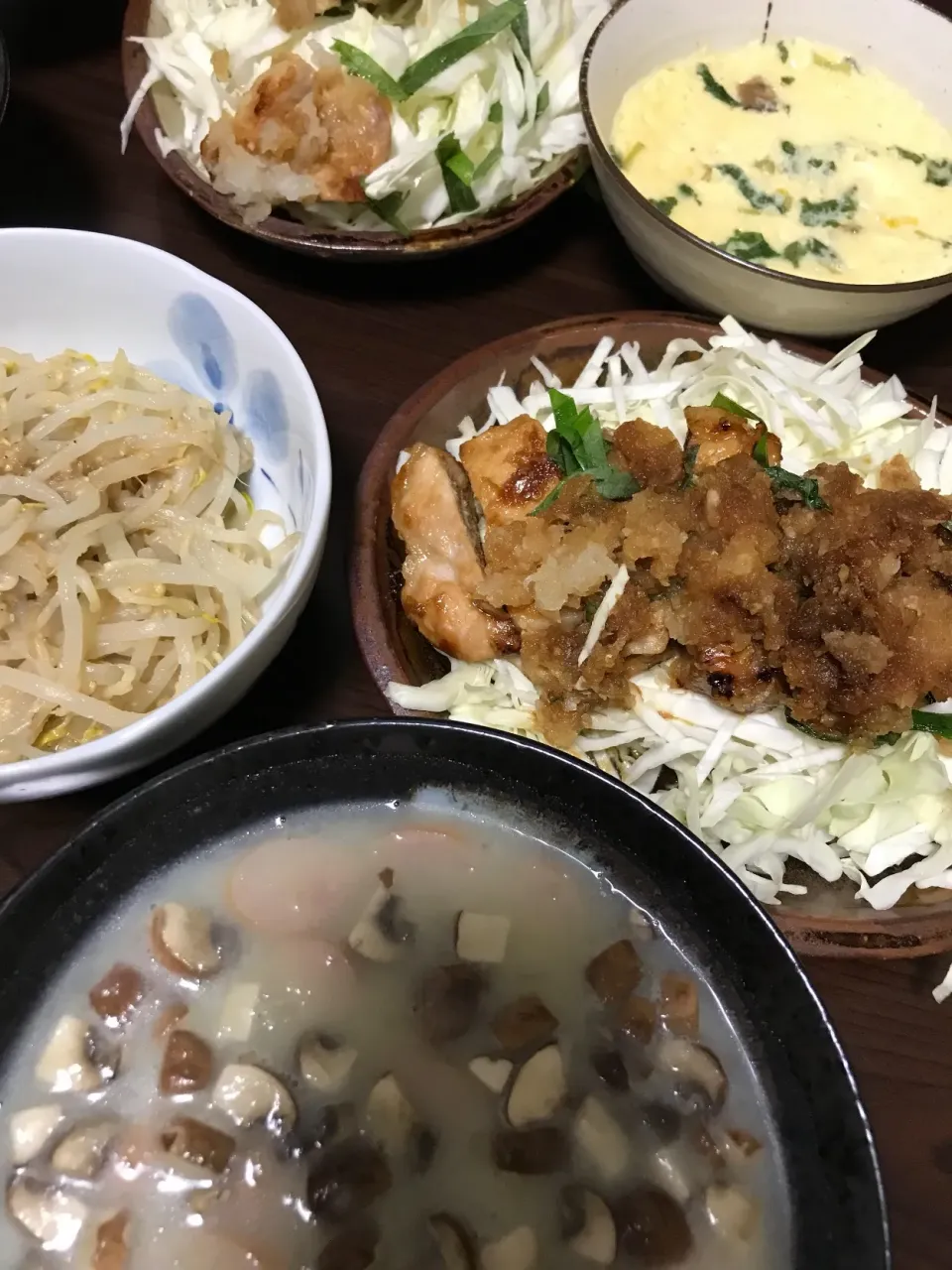 9月20日晩ご飯。トンテキおろしソース、もやしのピリ辛ごま和え、レンチン茶碗蒸し、じゃがいものポタージュ。|あやさん