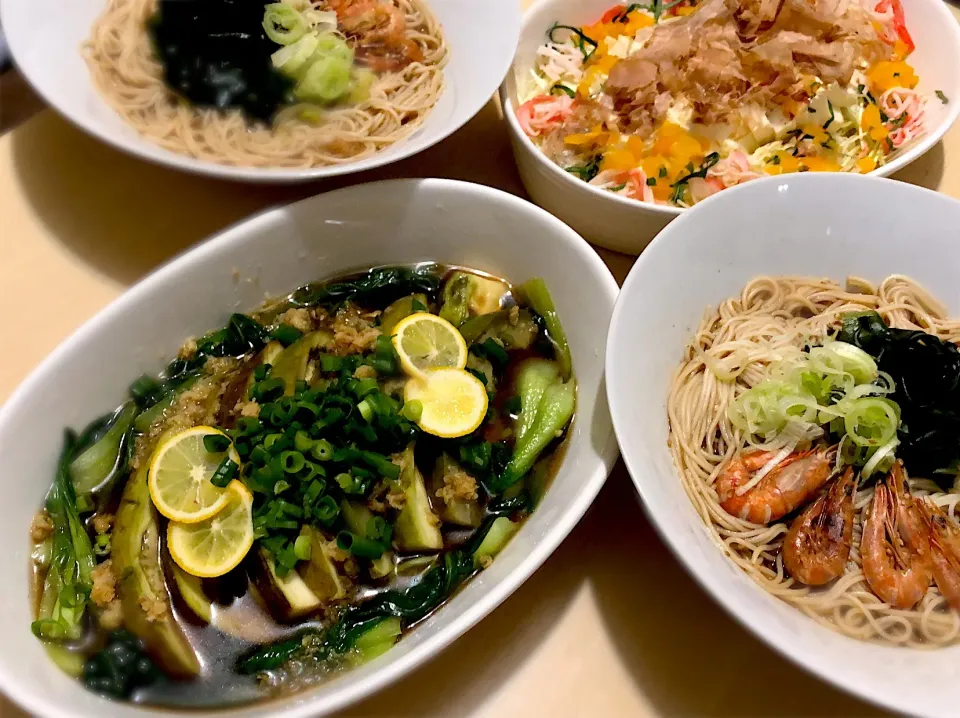 9／23夕食  #晩ごはん 
 #献立 海老煮麺 蒸し茄子香味漬け 豆腐サラダ|おさんどんさん