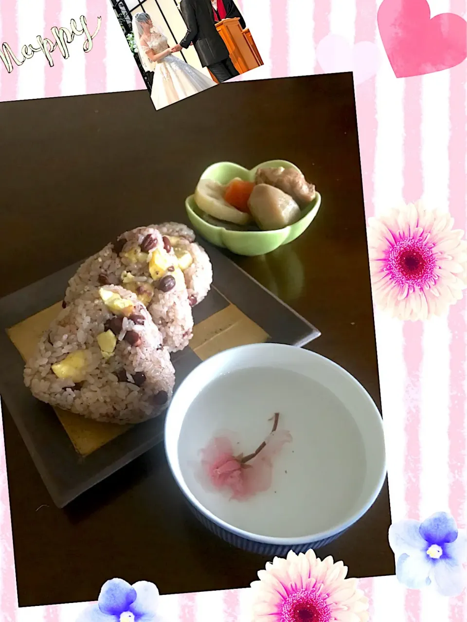 栗おこわと桜湯の朝ごはん #栗おこわ＃onigiri  action|とんちんさん