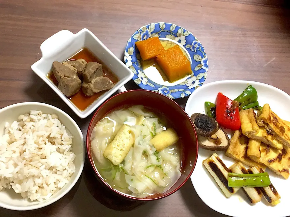 野菜と揚げの焼き浸し かぼちゃの煮物 角煮 ワンタンスープ|おさむん17さん