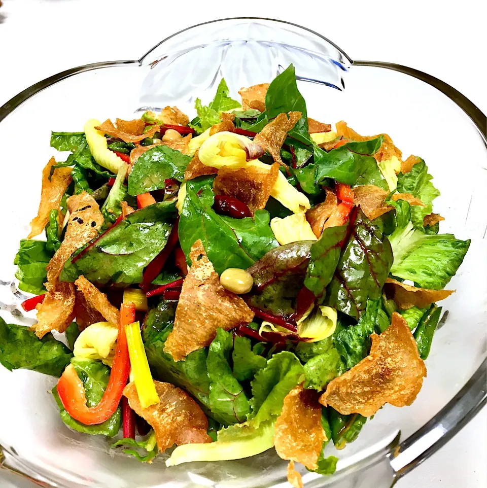 Snapdishの料理写真:Garlic and Onion Non-Fried Chicken Chips Salad|gonbenさん