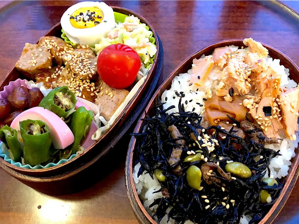 本日もお弁当🍱ハンバーグ🍱シシトウしらす🥦キャベツシーザーサラダ🥗煮豆 #息子弁当  #わっぱ弁当  #ハンバーグ弁当  #ししとう  #シラス  #ゆで卵  #プチトマト🍅  #札幌  #中島公園|Yukie  Toriseさん