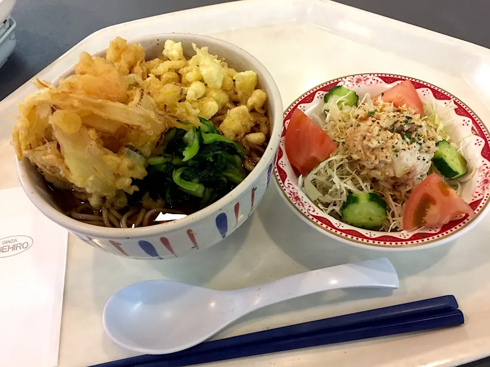 蕎麦、海老かき揚げ、揚げ玉、青菜、ツナとトマトのサラダ|Tadahiko Watanabeさん