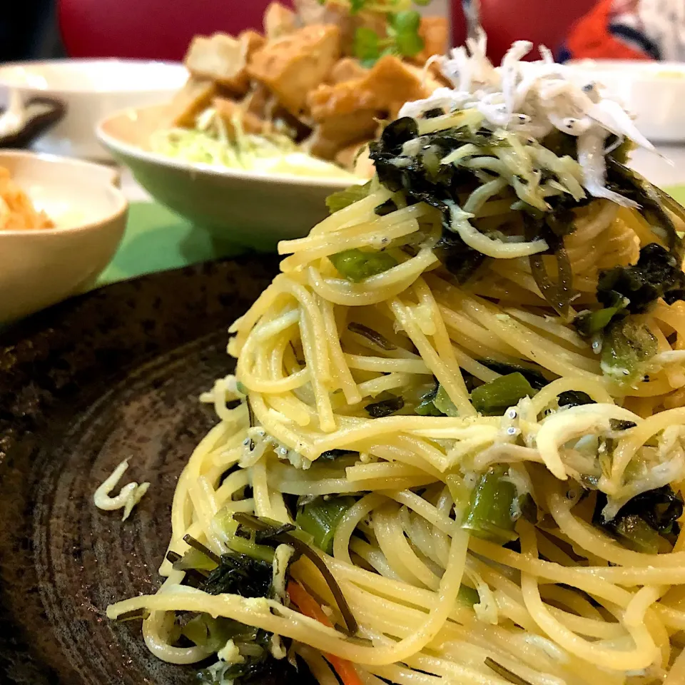 野沢菜昆布のお漬物アレンジ🤩シラスと野沢菜の和風パスタ🍝|ハマちゃんさん