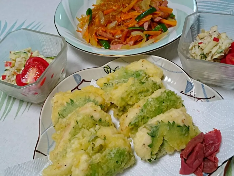 ☆今日の晩ごはん☆　鶏天　チャプチェ　コールスローサラダ|hamamaさん