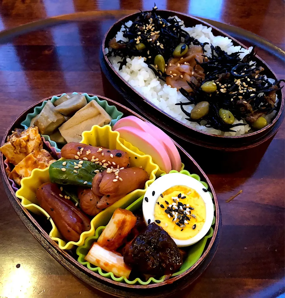 本日もお弁当🍱ウインナーとししとう炒め🥦椎茸とネギのケチャップ味（セゾンファクトリーのケチャップ使用）♥️麻婆豆腐🔥高野豆腐とゴボウ煮付け♥️ #息子弁当  #わっぱ弁当  #ウインナー  #ししとう  #椎茸  #ネギ  #セゾンファクトリーのトマトケチャップ #高野豆腐 #札幌|Yukie  Toriseさん